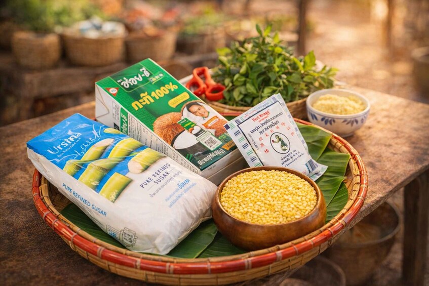 A basket with various food items including a bag of sugar, a box of U.S. corn, and a bowl of corn kernels. 2