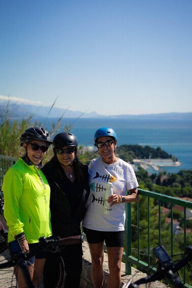 Three people standing on a viewing platform with a scenic ocean view. 4