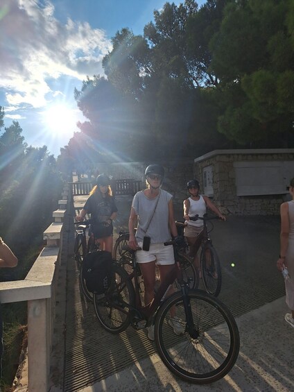 A group of people on a bridge with bicycles, sun shining, and trees in the background. 3