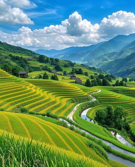 Terraced rice fields, a winding river, and distant mountains under a blue sky. 2