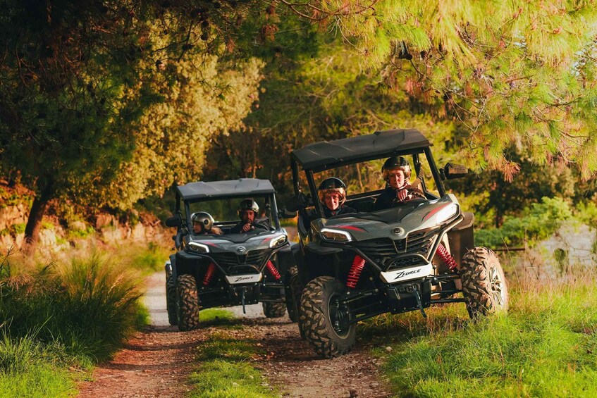 Two off-road vehicles on a dirt path surrounded by trees. 1