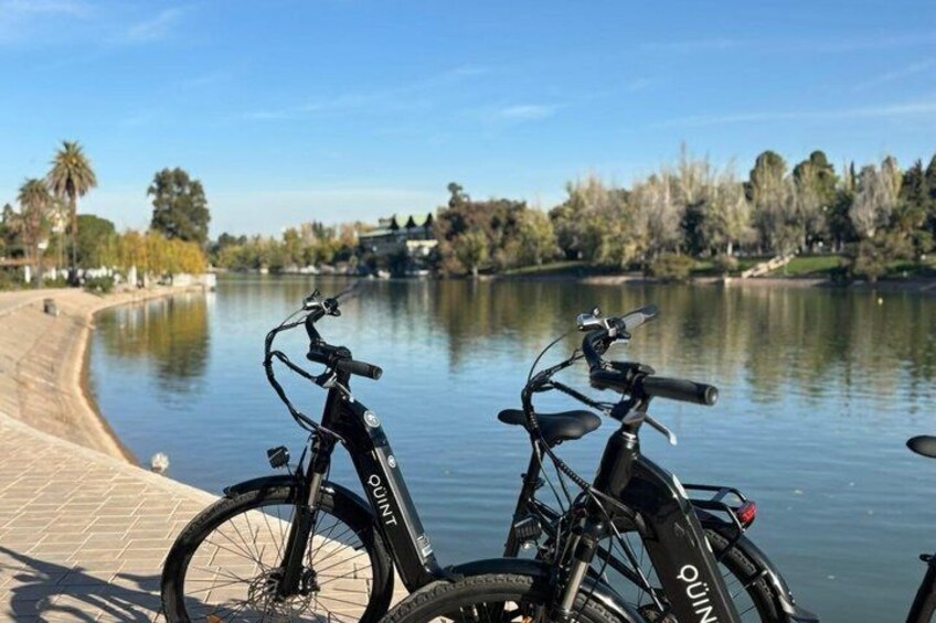 Two bicycles parked by a calm lake with a paved walkway and trees in the background. 5
