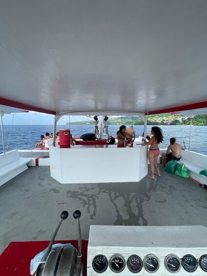 A boat with people on deck, a steering wheel, and a water temperature gauge. 2