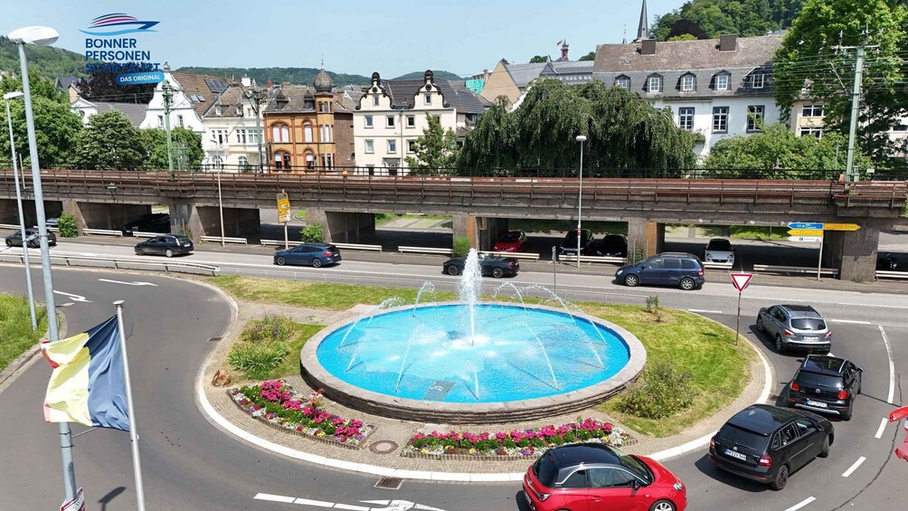 A roundabout with a central fountain, surrounded by flower beds and a road underpass. 5