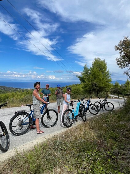 A group of people standing on a road with bicycles, overlooking a scenic landscape with trees and a view of the sea. 2
