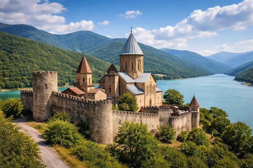 A medieval castle with a moat, surrounded by lush green hills and a lake. 5