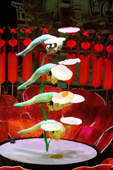 A person performing an acrobatic act with a series of hanging lamps. 2