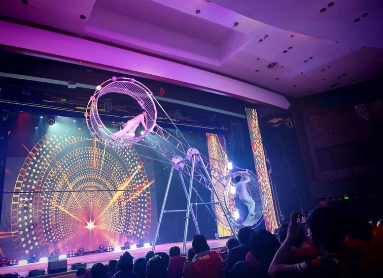 A circus performance with acrobats on rings and a large illuminated backdrop. 3