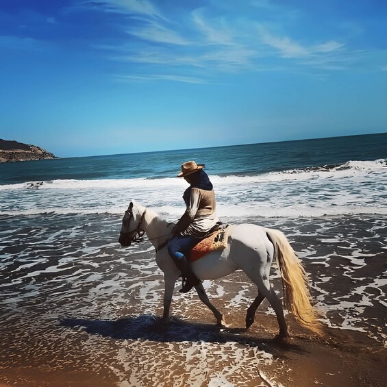 A person riding a white horse along a beach with waves and a clear sky. 3