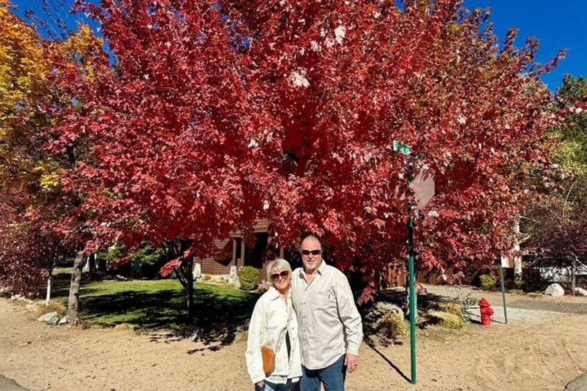 A man and woman standing in front of a red-leafed tree with a street sign in the background. 5