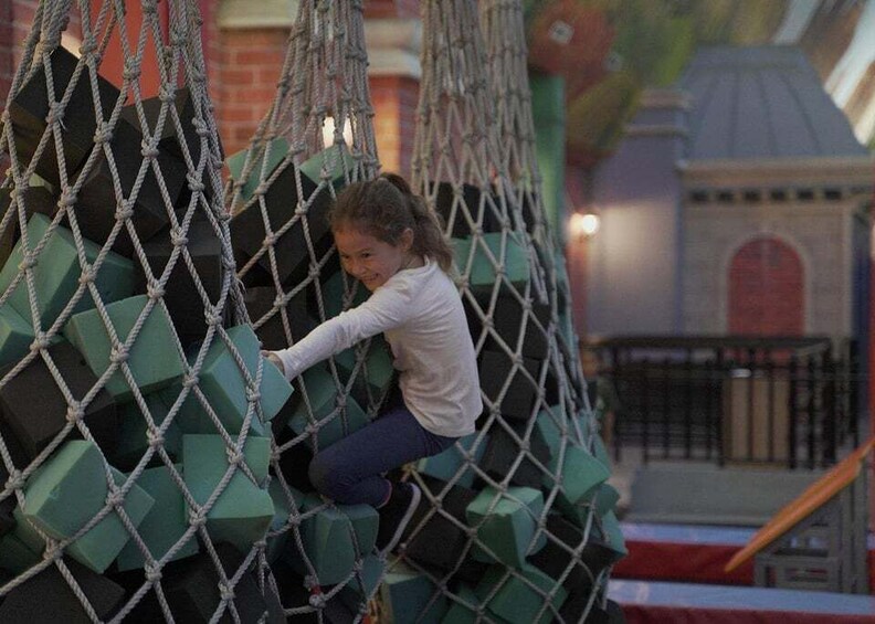A child climbing a rope net structure. 4