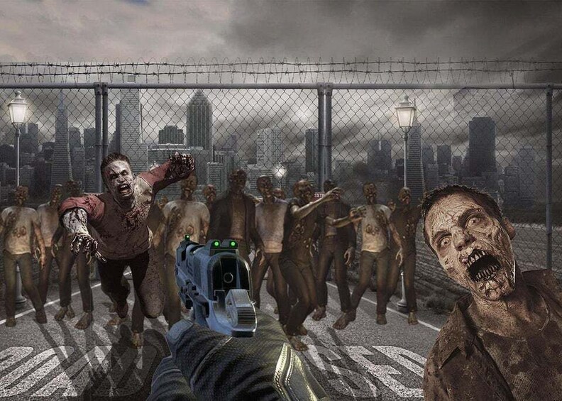 A person holding a gun, zombies in the background, and a cityscape with a fence. 2