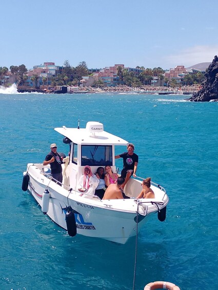 A boat with people on it, moving through clear blue water with a rocky coastline and buildings in the background. 2