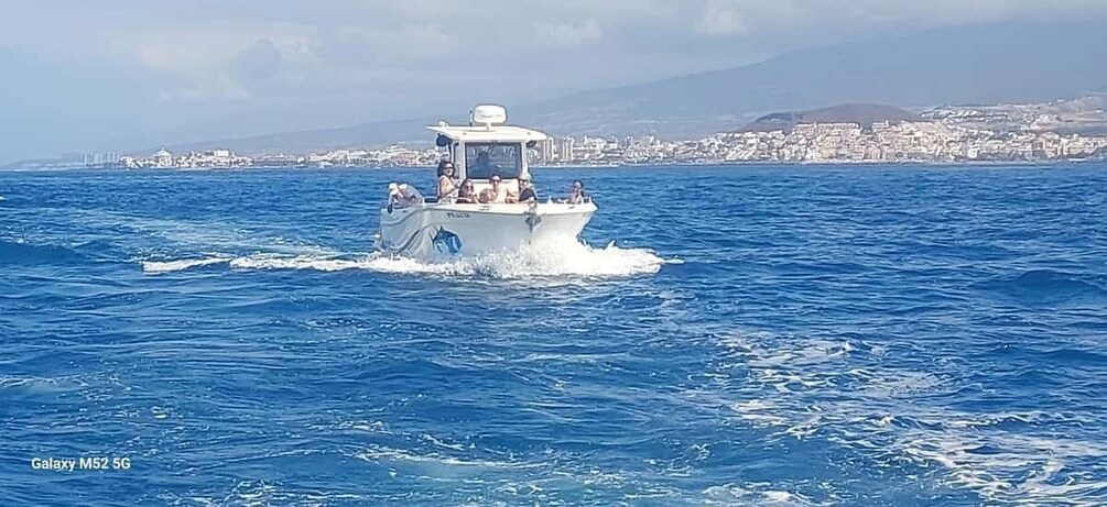 A white boat with passengers on a blue sea with a city in the background. 4