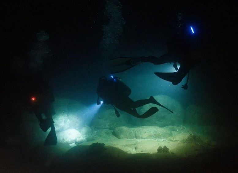 Divers underwater with artificial lights. 1