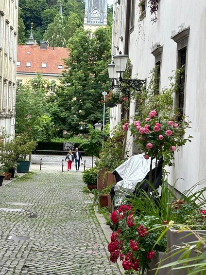 A cobblestone street lined with buildings, a clock tower, and blooming flowers. 5