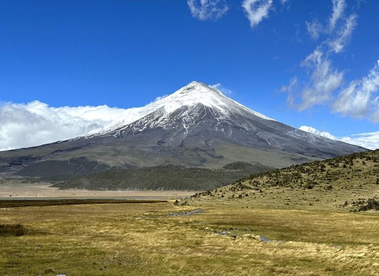 A snow-capped mountain with a clear sky and a flat valley in the foreground. 5
