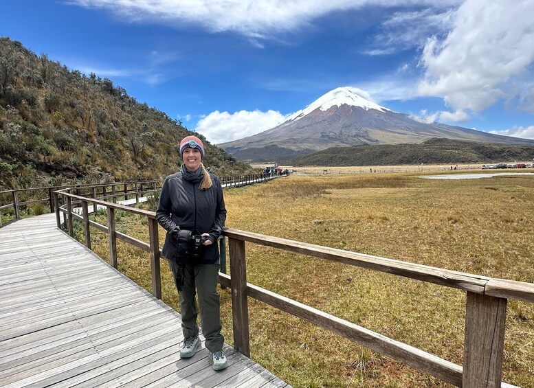 A person standing on a wooden boardwalk with a mountain in the background. 4