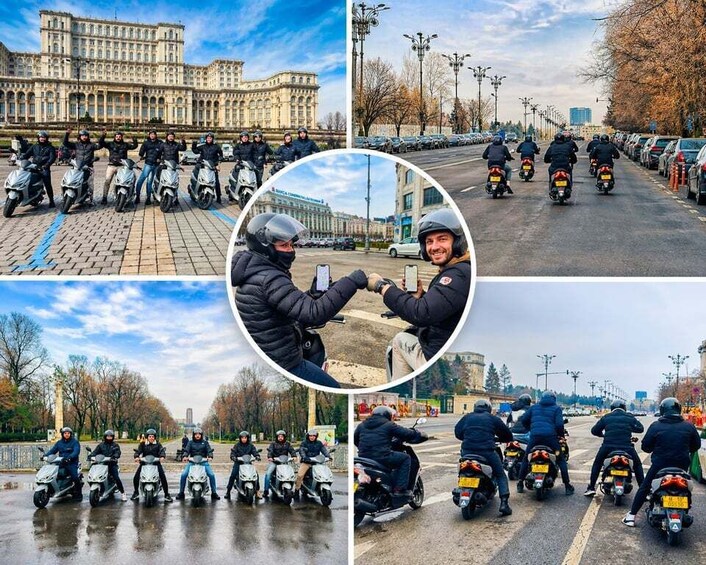 A group of motorcyclists on a city street, a historic building, and a circular inset of two riders. 3