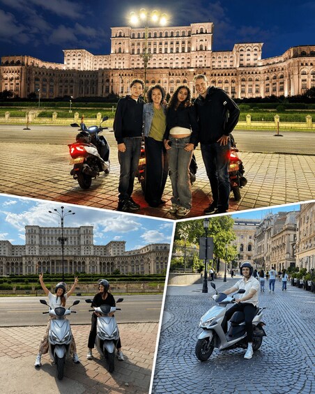 A large historic building, people on scooters, and a cobblestone street. 4