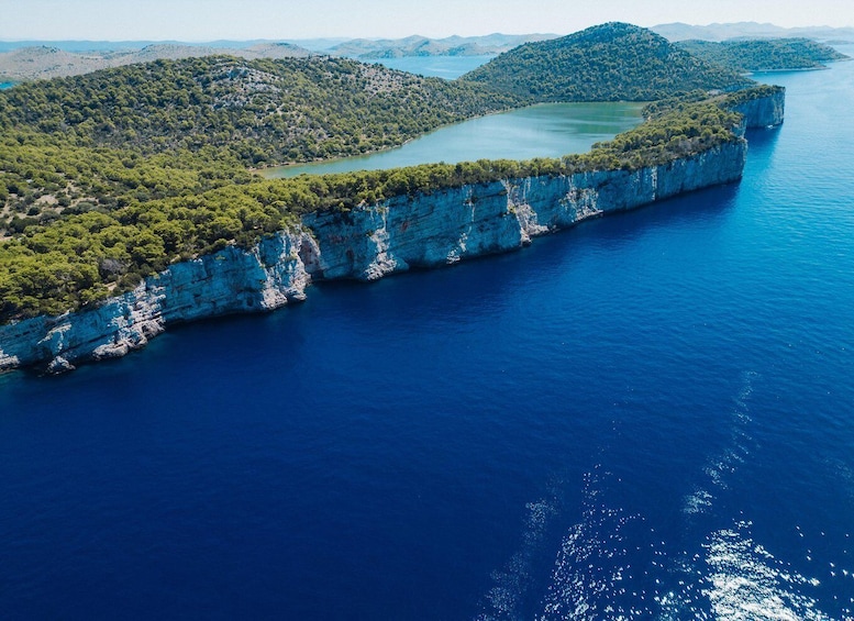 A coastal cliff with dense vegetation and a calm sea. 3