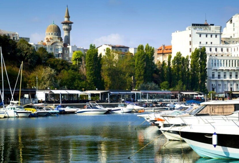 A marina with boats, a mosque with a dome and minaret, and buildings along the waterfront. 4