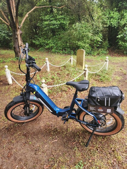A blue electric bike with a black bag attached, parked near a chain-link fence in a wooded area. 4
