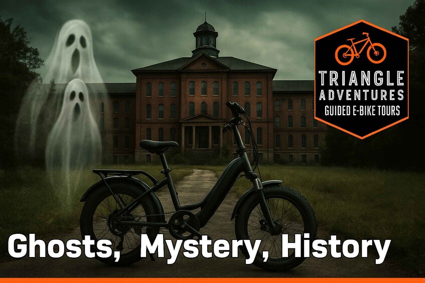 A black e-bike in front of a large, historic building with a ghostly figure in the background. 1