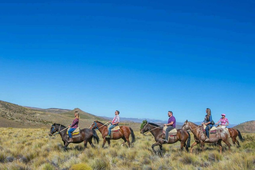 A group of people riding horses across a grassy field with hills in the background. 2