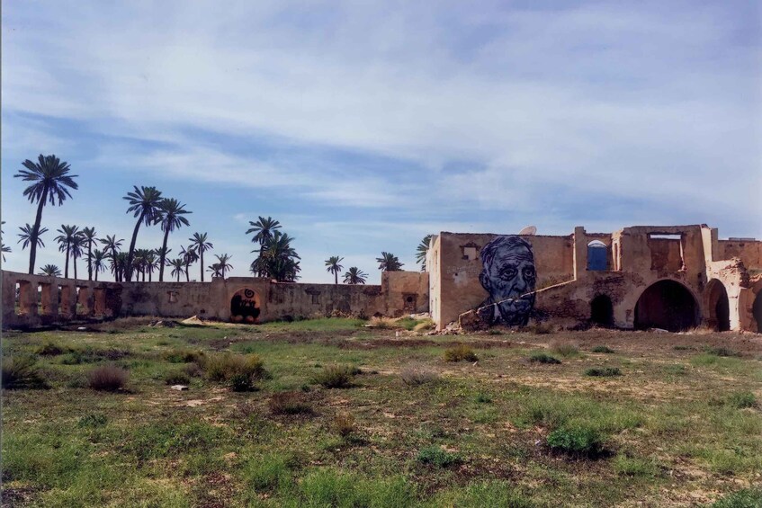 A dilapidated building with a mural, palm trees, and a grassy field. 5