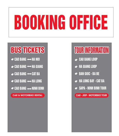 A booking office with sections for bus tickets and tour information, including car and motorbike rental options. 3