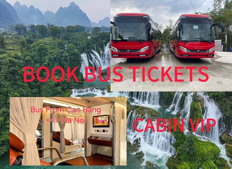 A red bus, a cabin interior, and a waterfall. 2