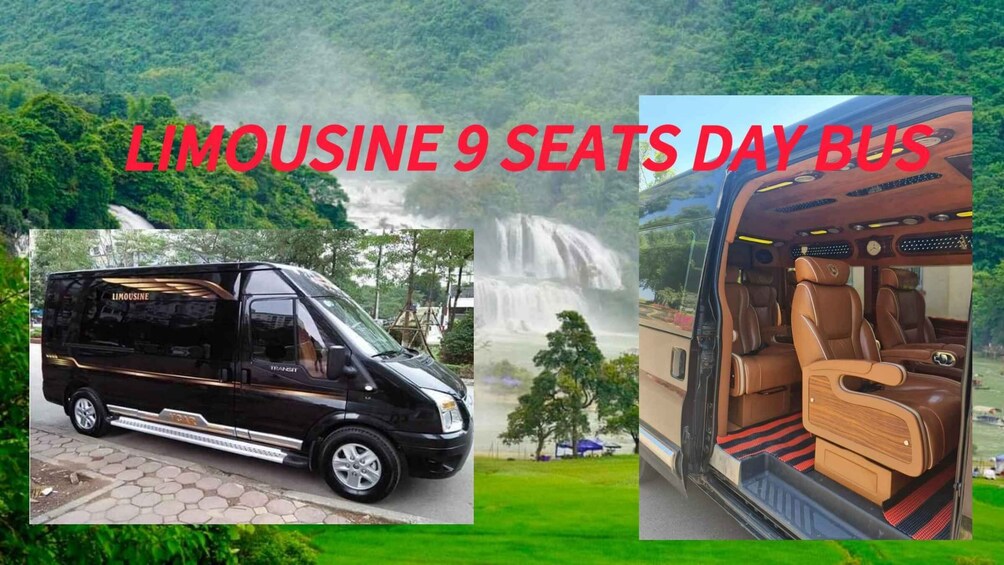A black limousine with 'LIMOUSINE' and 'TRANSIT' written on it, a 9-seater day bus interior with brown leather seats, and a waterfall in the background. 1