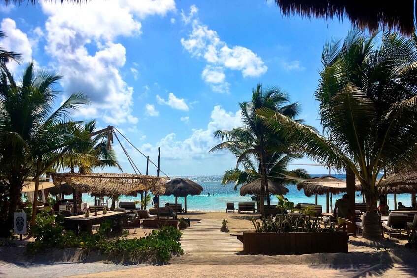 A beach with thatched umbrellas, palm trees, and wooden seating areas. 2