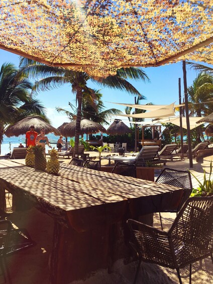 A beachside restaurant with outdoor seating, palm trees, and thatched umbrellas. 4