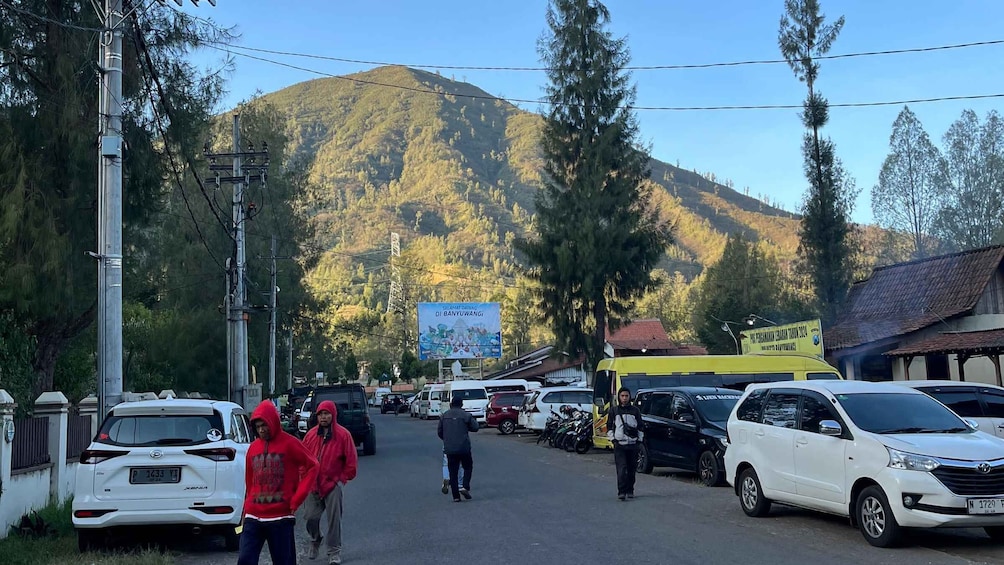 A street with parked cars, a mountain in the background, and a billboard. 2