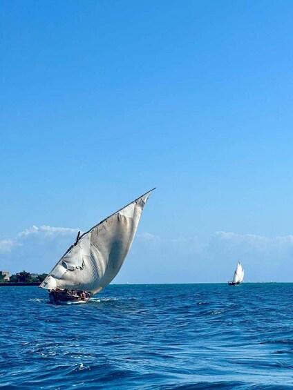 A sailboat with a large sail on the water, another sailboat in the distance, and a clear blue sky. 1