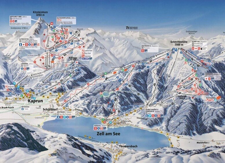A detailed ski resort map with marked ski runs, lifts, and mountain peaks. 3