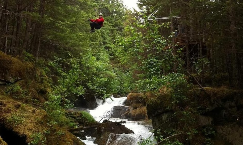 A person zip-lining through a forested area with a waterfall. 1