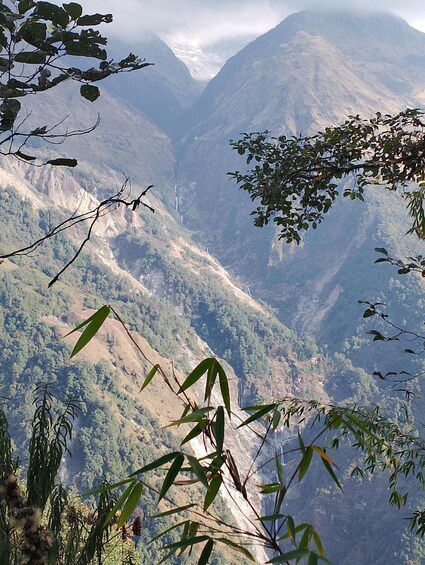 A mountainous landscape with dense vegetation and a valley. 2