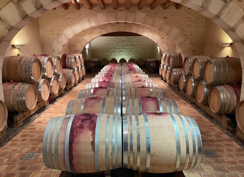 A wine cellar with rows of wooden barrels. 3