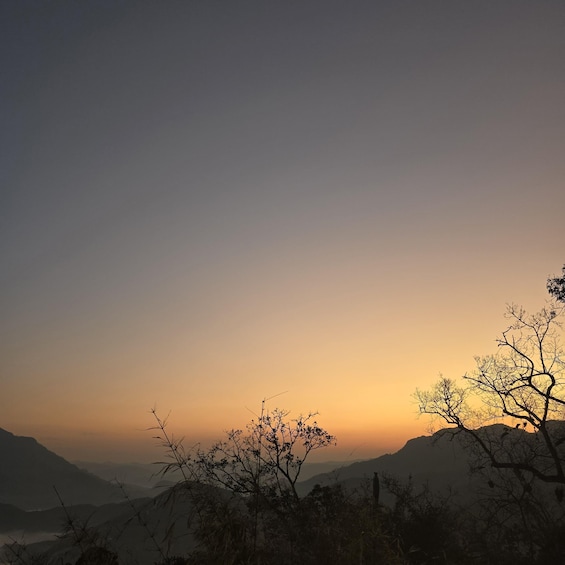 A sunset over a mountainous landscape with silhouetted trees. 2