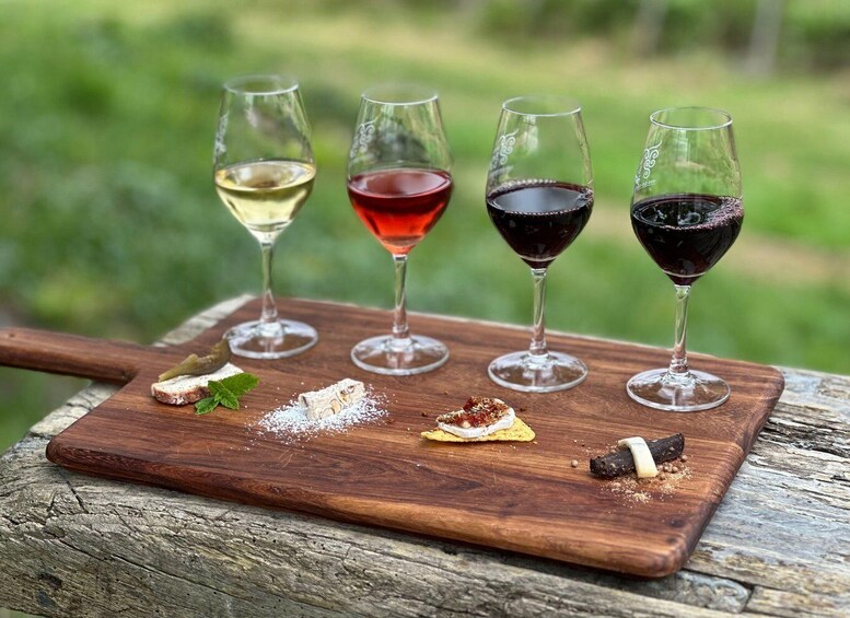 Four wine glasses on a wooden board with a rustic background. 1