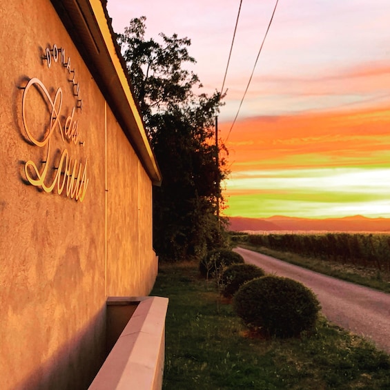 A building with a sign that reads 'DOMAUX DES VINS' and a road leading into the distance with a sunset in the background. 1