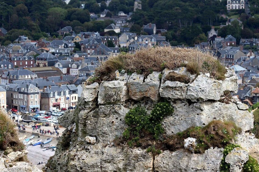 A rocky cliff with grass and a town in the background. 3