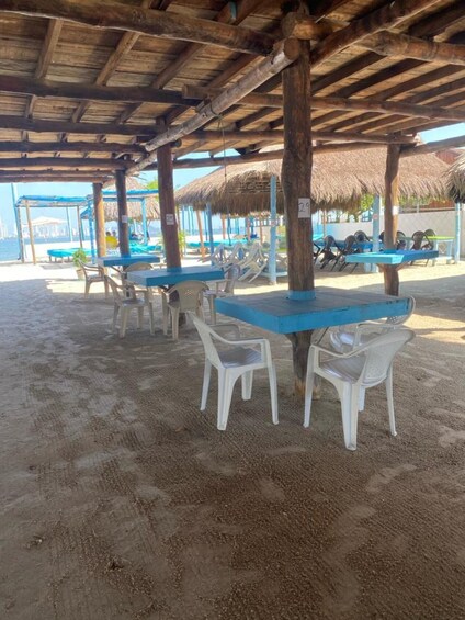 A beachside café with thatched umbrellas and plastic chairs. 4