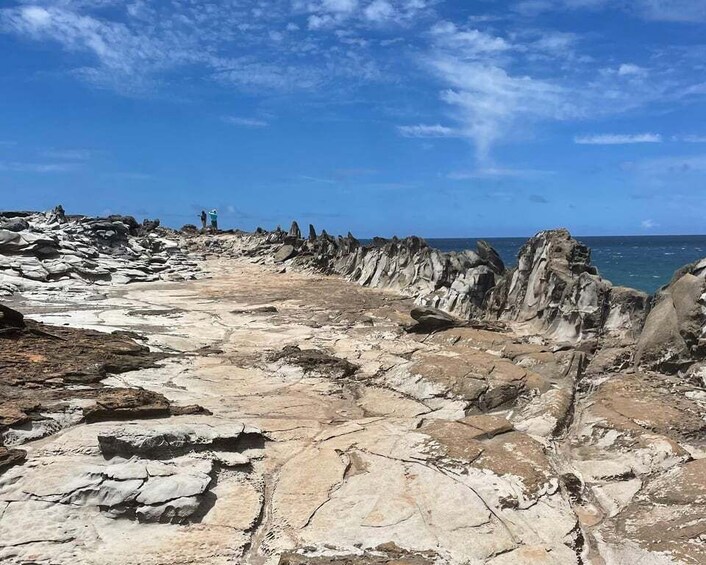 A rocky shoreline with large boulders and a clear blue sky. 5