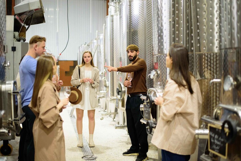 A group of people in a brewery with stainless steel tanks and a person pointing at something. 4