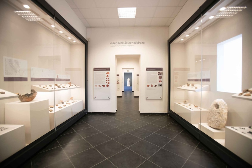 A museum corridor with glass display cases containing artifacts and informational plaques. 2