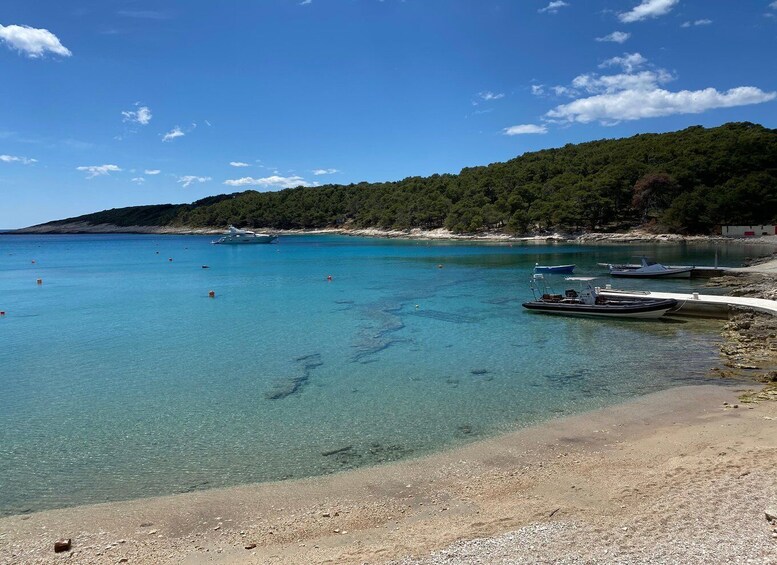 A clear turquoise sea, a sandy beach, and a forested hill in the background. 5